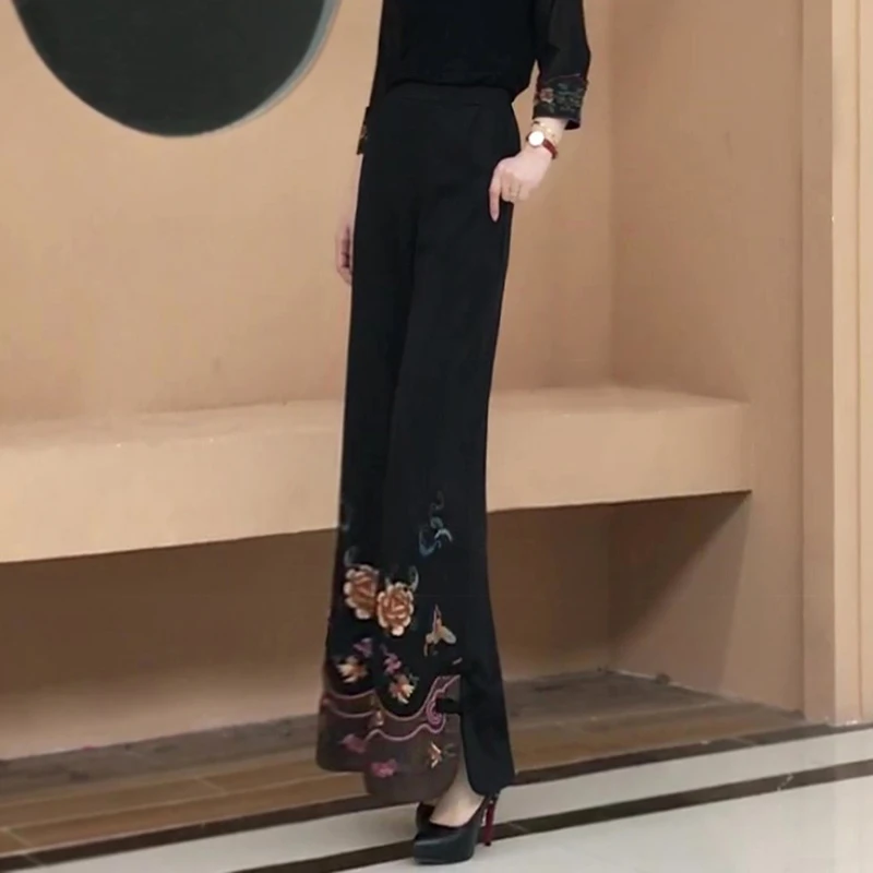 秋季新款新中式刺绣阔腿裤长裤国风阔脚裤垂感直筒裤女裤子休闲裤
