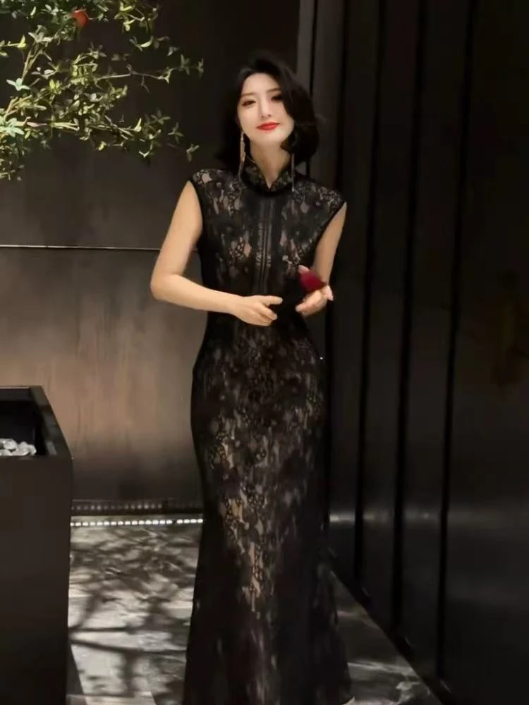 新中式轻国风御姐性感女神范优雅黑色立领蕾丝旗袍连衣裙2025夏季