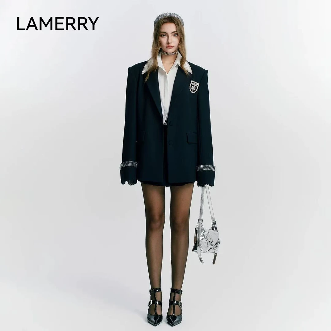 LAMERRY朗美睿黑色学院风宽肩西服配：定制胸针优雅精致25秋冬新款