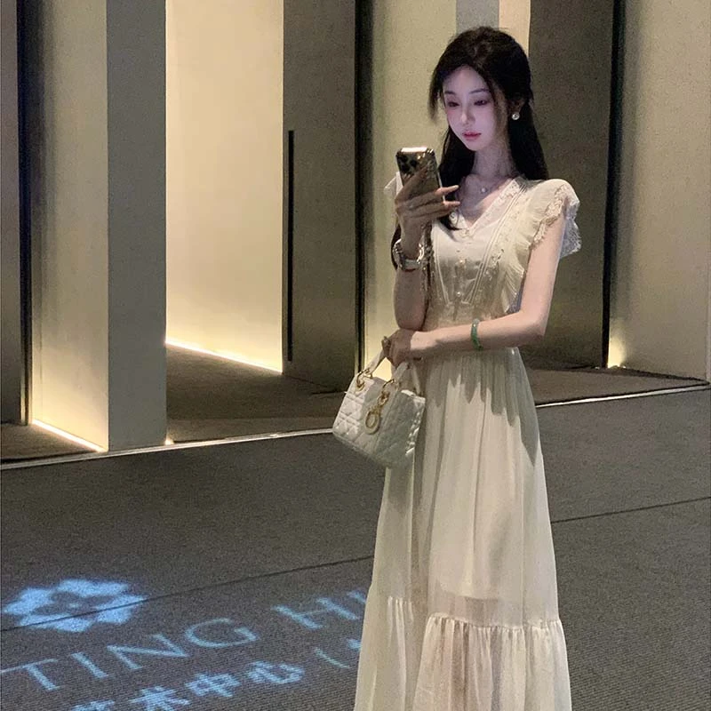 【素夕】【有里布】夏季新款长款蕾丝花边珍珠连衣裙D3101