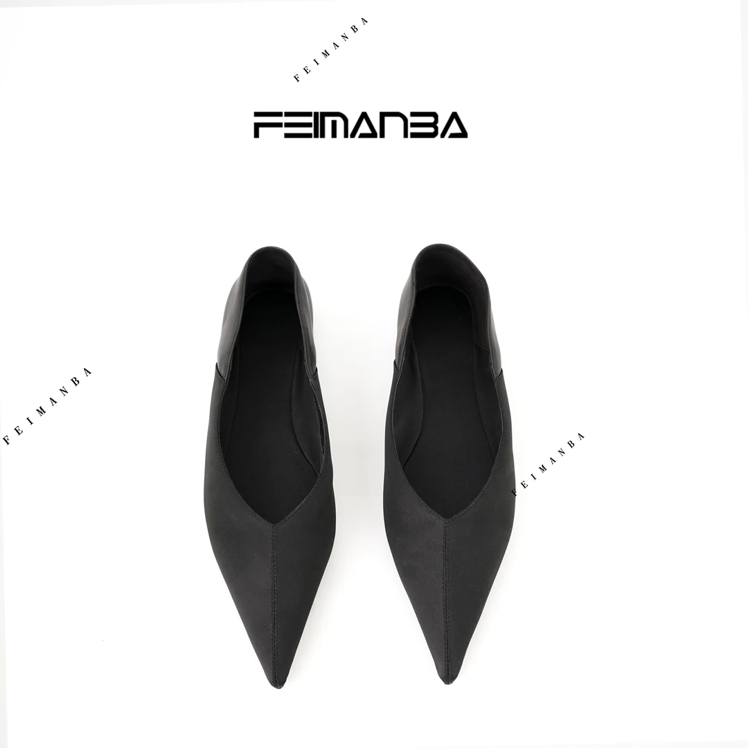 【FEIMANBA】尖头真丝拼皮平底单鞋