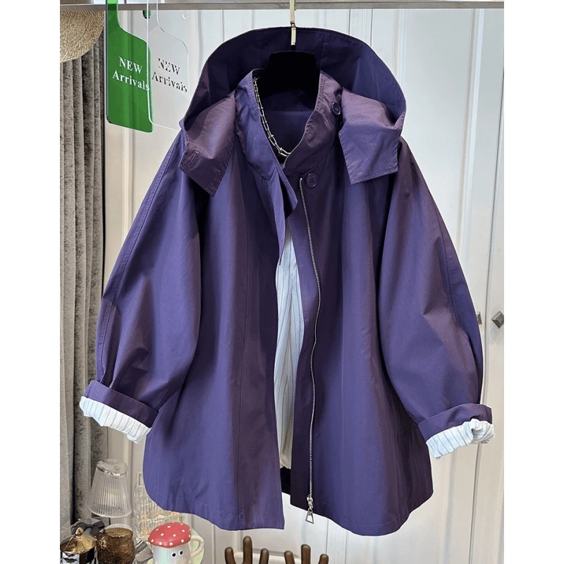 欧洲站高领连帽安可拉红风衣女外套独特宽松休闲时尚2025秋季新款
