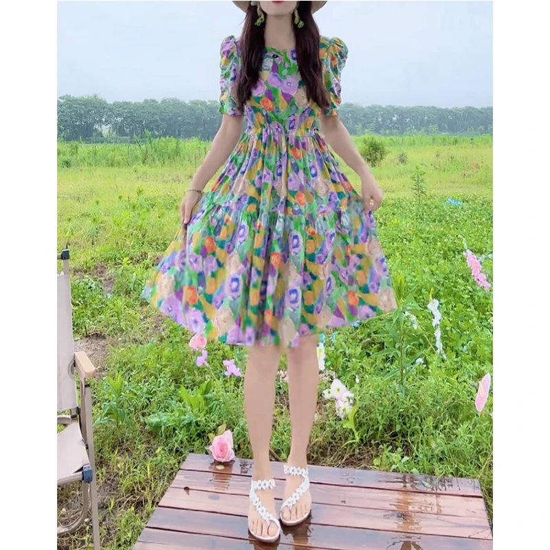 【姹紫嫣红】连衣裙显瘦碎花气质时尚中长款收腰甜美辣妈泡泡袖