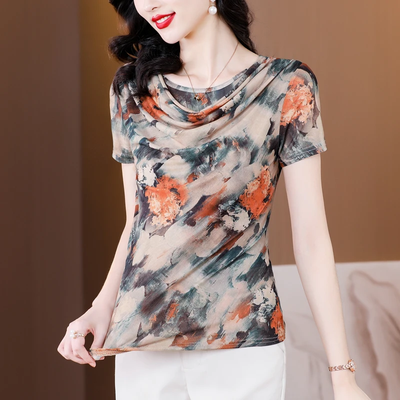 2025夏装时尚修身显瘦短袖上衣打底衫洋气小衫女温婉大方衣服