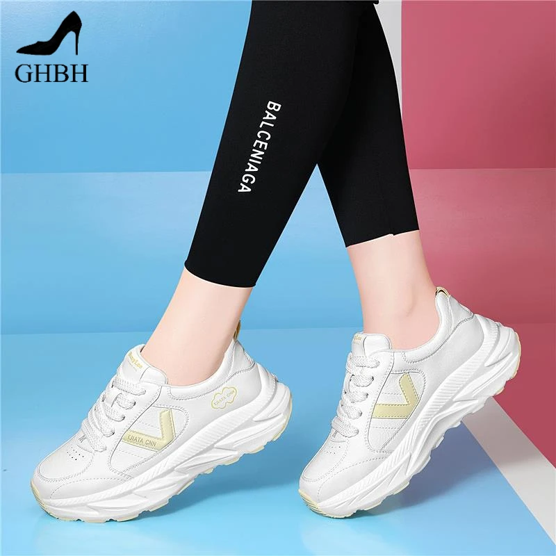 休闲时尚女鞋2025春季新款皮面小白鞋内增高缓震运动鞋跑步鞋女鞋