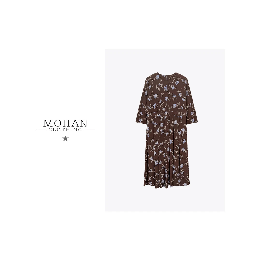 CLOTHING/墨含气质度假风复古印花圆领桑蚕丝中长连衣裙HY-2299-1
