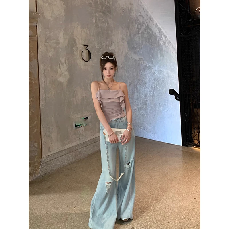 花边荷叶吊带修身高级感吊带上衣复古破洞时髦百搭牛仔阔腿裤长裤