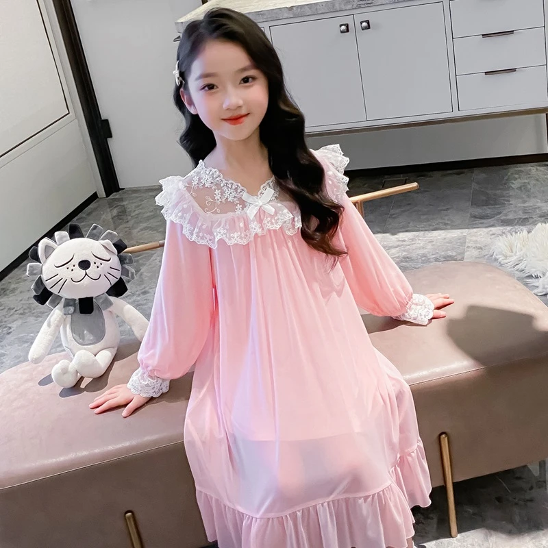 公主风睡裙儿童春秋季女大童宫廷蕾丝莫代尔家居服女孩网纱裙睡衣