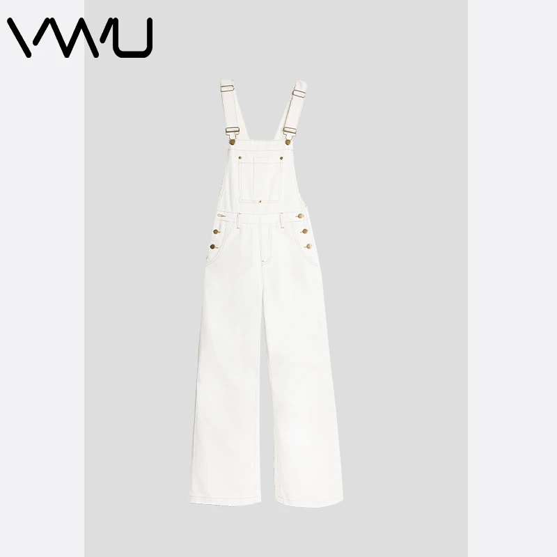 VWU 夏季新款白色背带裤女复古设计感减龄百搭宽松显瘦牛仔长裤