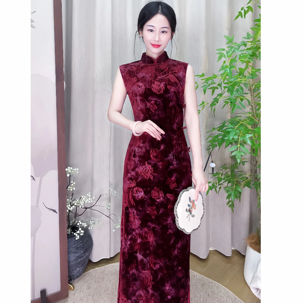 【心懂旗袍-红豆相思】显瘦显白喜庆中国风长款无袖旗袍