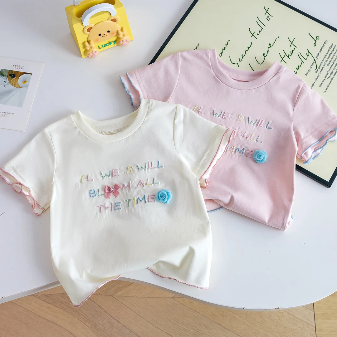 韩国幼儿园女宝宝夏季百搭休闲短袖2025新款字母刺绣圆领打底T恤