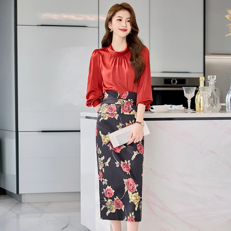 2025春秋新款法式轻奢印花包臀裙套装女气质高级感长袖衬衫两件套