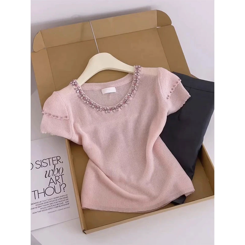 固质韩系时尚镶钻圆领短袖针织t恤女夏季设计感小众修身显瘦上衣