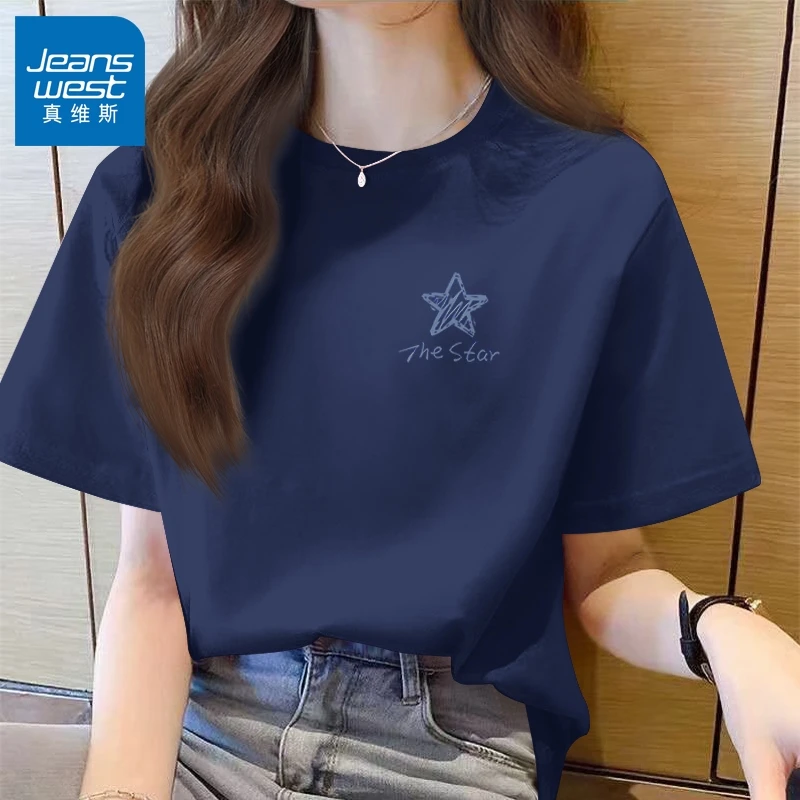 真维斯藏青色纯棉短袖T恤女2025夏季爆款宽松百搭半袖设计感上衣