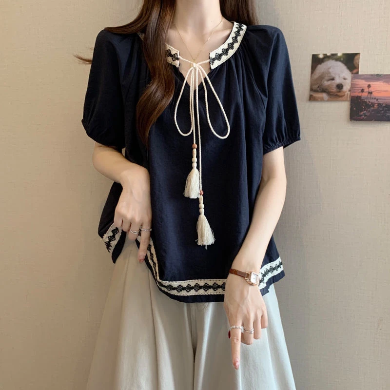 大码女装遮肚子民族风短袖衬衫女夏季胖妹妹宽松显瘦减龄百搭上衣