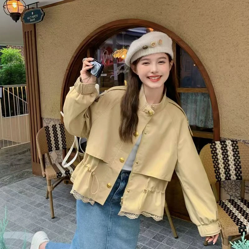 卡其色蕾丝拼接短外套女2025春秋新款小众设计超好看爆款洋气夹克