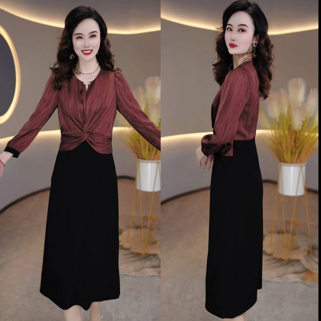 2025春季休闲风时尚气质减龄显瘦长袖百搭假两件连衣裙M-5XL