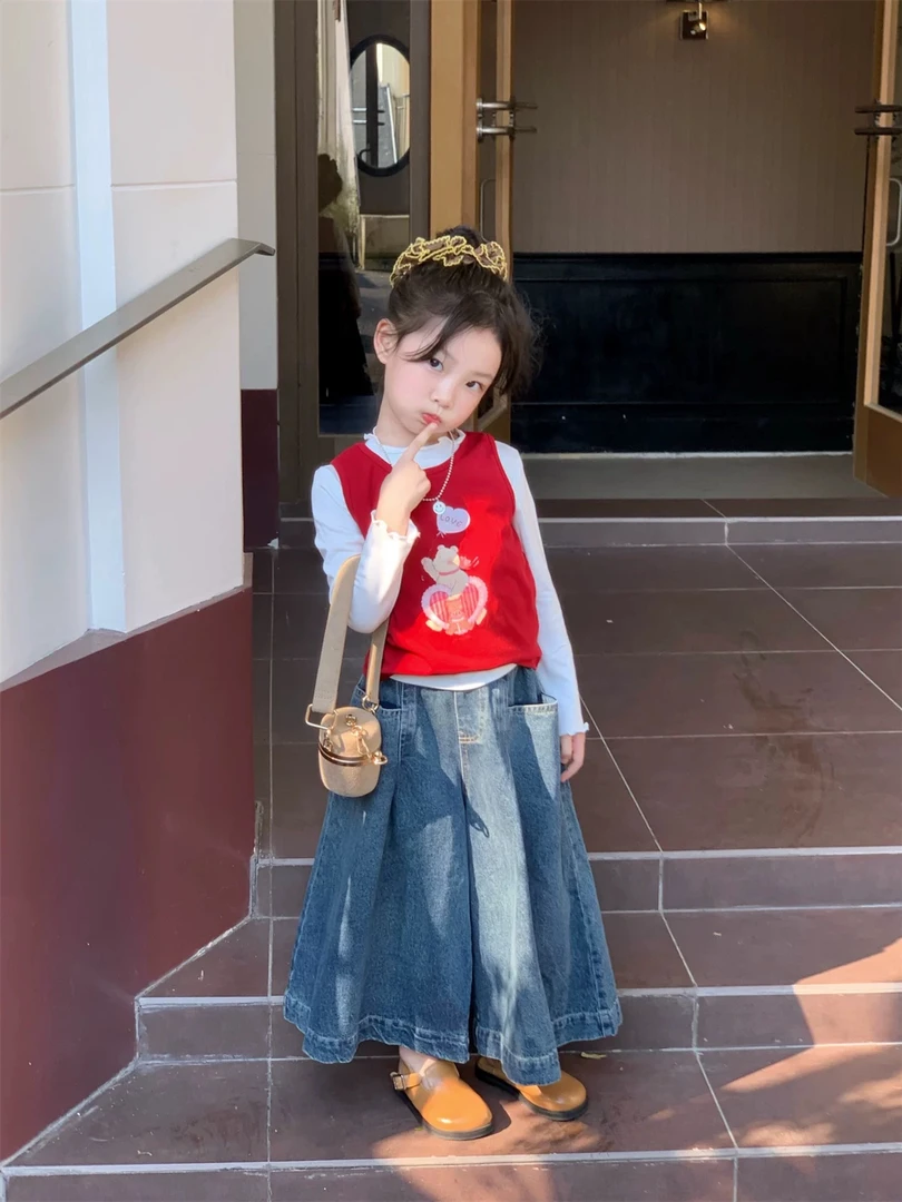 女童秋装新款可爱超萌儿童衣服真两件长袖牛仔裤套装洋气儿童衣服