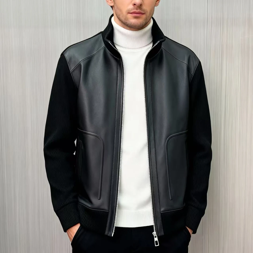 【39721】秋冬皮羊毛针织拼接皮衣，老钱风高端轻奢商务百搭