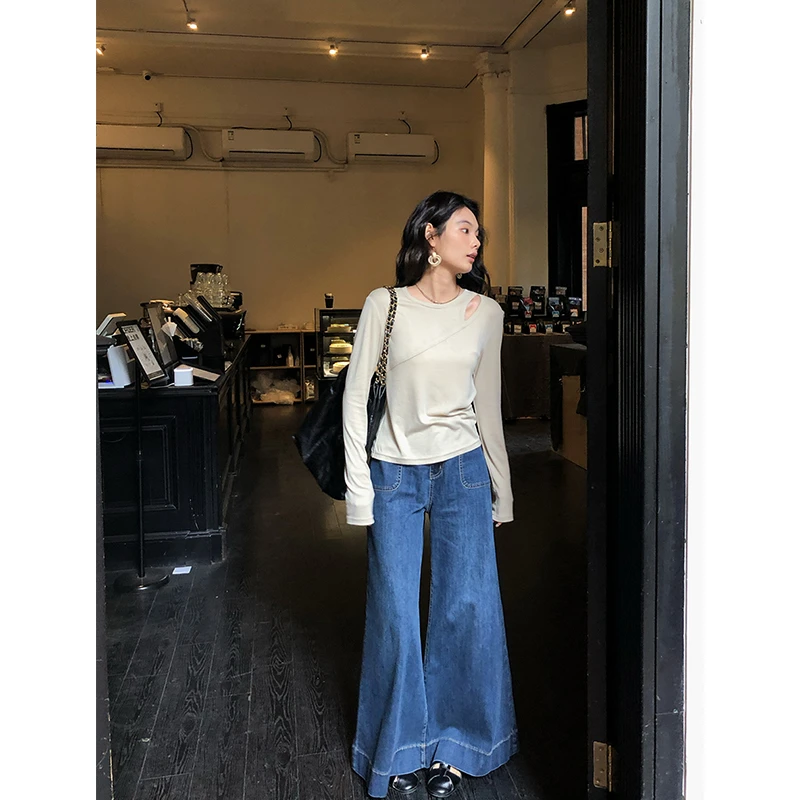 任小艺  小众设计线不规则镂空针织圆领长袖t恤女春季新款打底衫