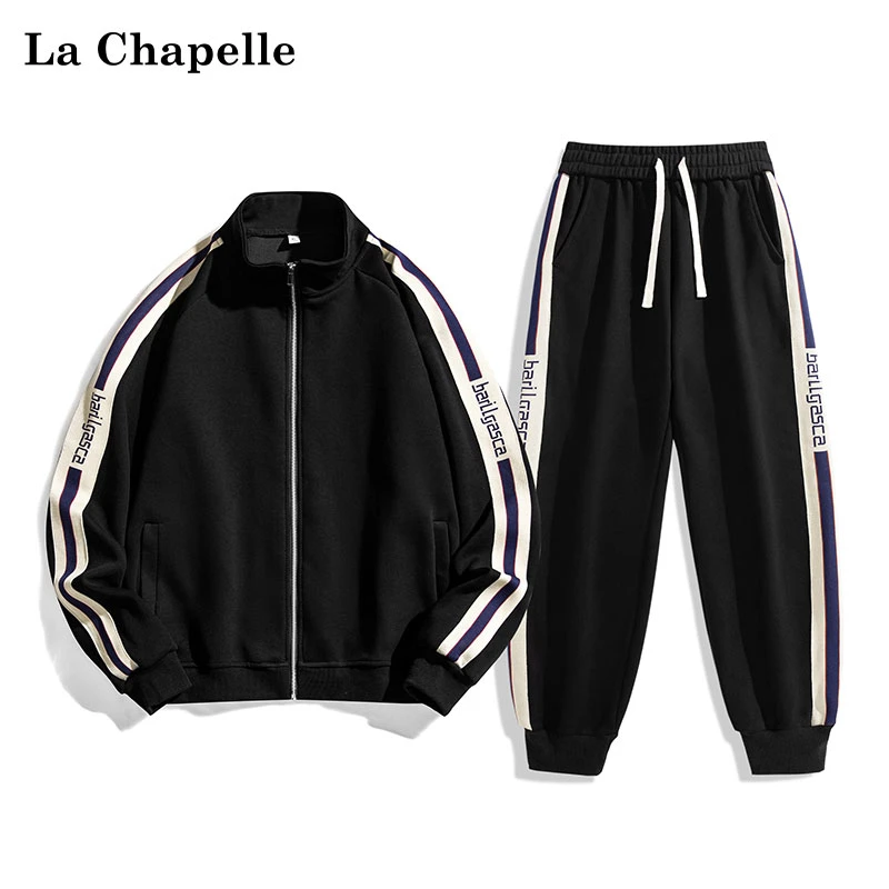 La Chapelle/拉夏贝尔男士纯棉休闲运动套装秋冬立领外套加绒加厚