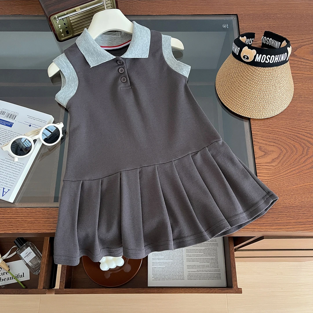 2025夏季新款女童学院风polo领百褶裙宝宝可爱气质背心裙儿童裙子