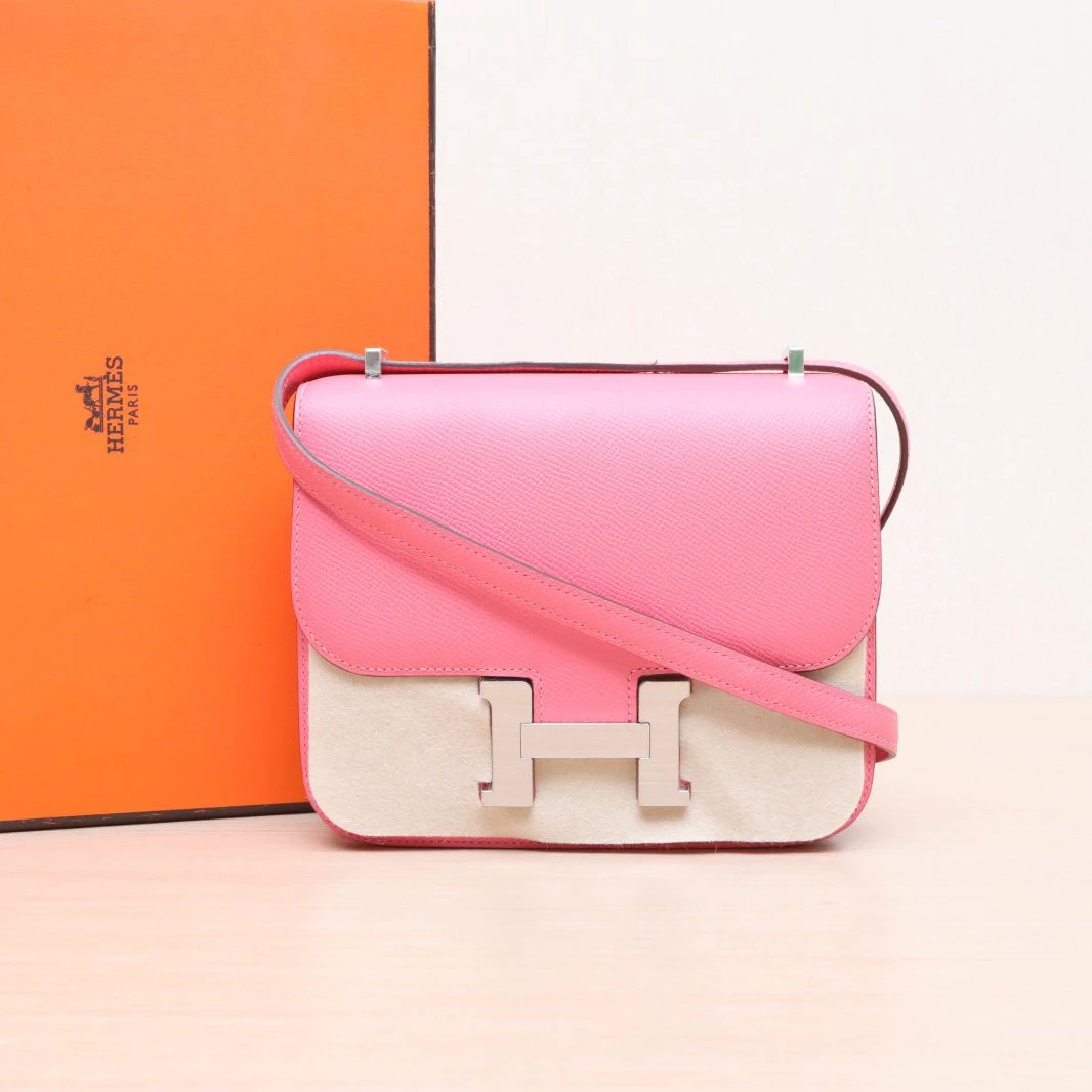 99新 Hermes/爱马仕 小花6花 康康 19 新唇膏粉 Ep皮 D刻 银扣包