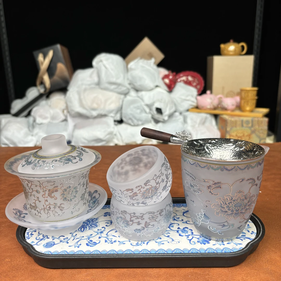 ZH4098-掐丝银缠枝莲玻璃盖碗+公道+两杯+茶盘+银茶漏