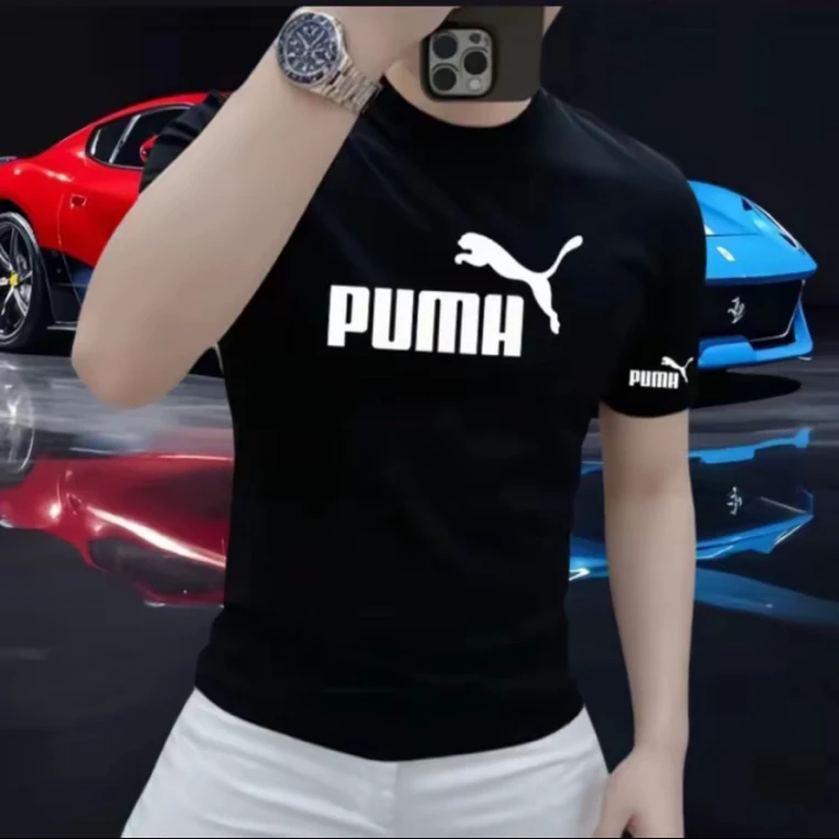 男士夏季烫印圆领T袖圆领印花情侣上衣纯色夏季T恤修身潮流半袖