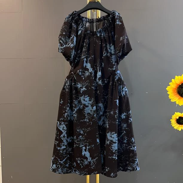 夏季新款法式浪漫时尚印花显瘦遮肚中长款气质连衣裙2511