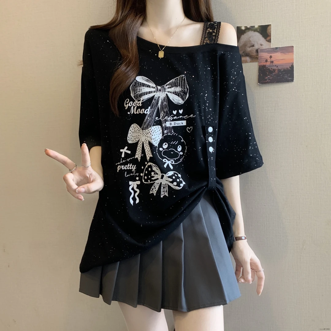 大码破洞抽绳褶皱露肩短袖t恤女夏新款胖mm宽松显瘦遮肉斜领上衣