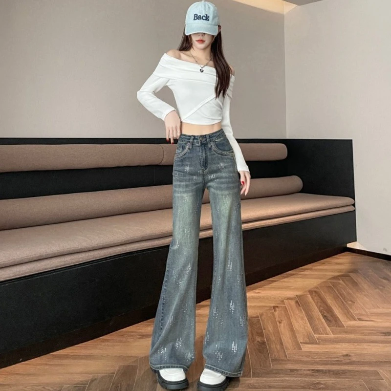 辣妹重工烫钻喇叭牛仔裤女2025春夏修身提臀显瘦高腰小个子加长裤