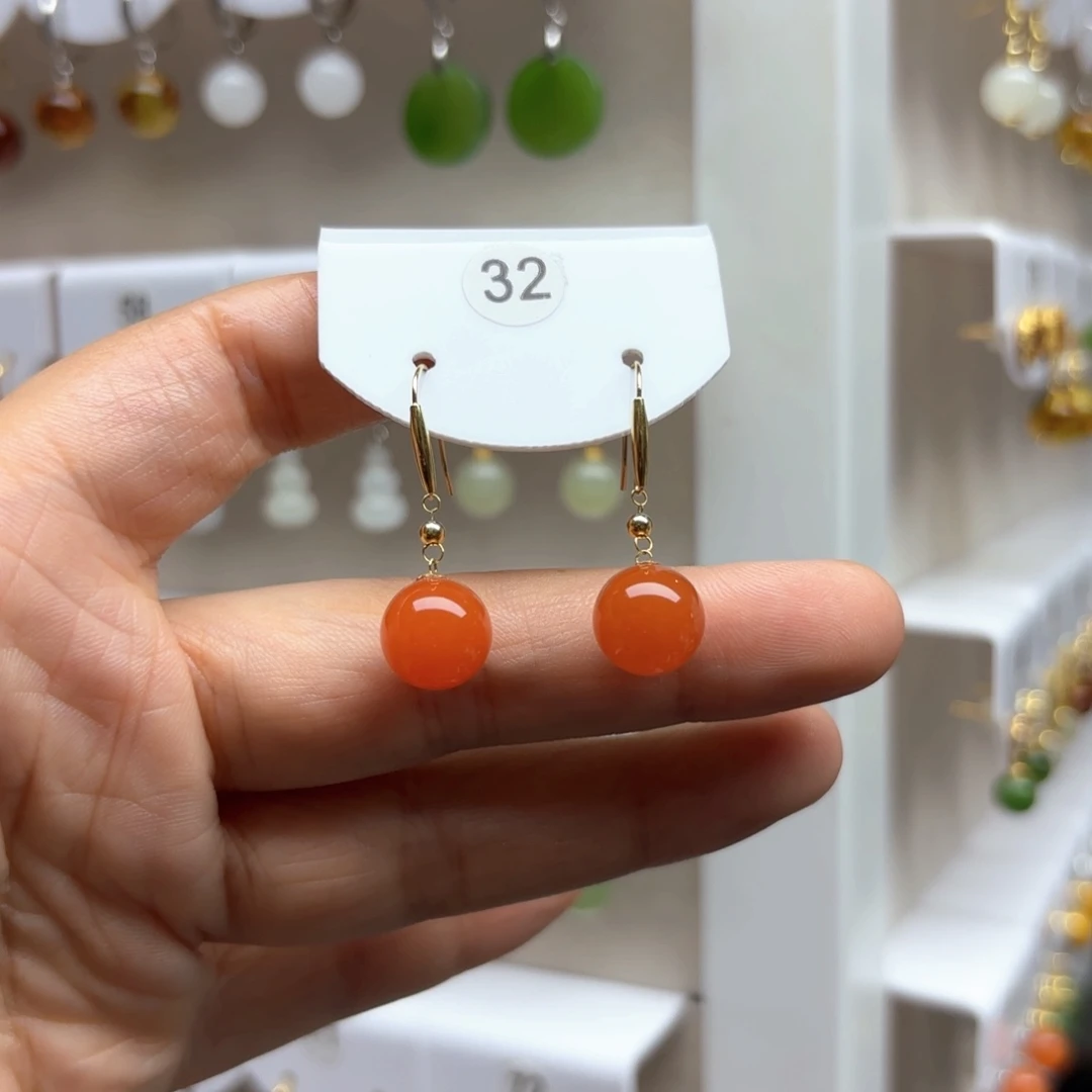 南红玛瑙18K金镶嵌耳饰