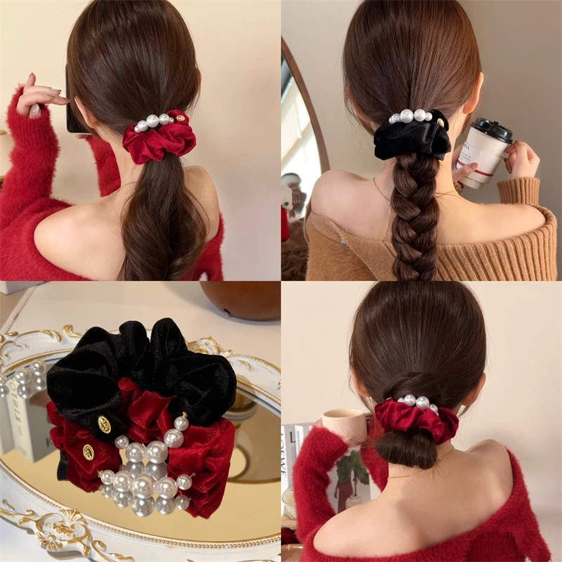 熹金 圣诞新年头饰丝绒珠珠大肠发圈红色发饰女头绳扎头皮筋发绳