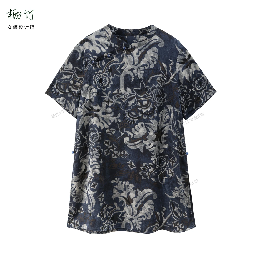【青花长款】常规斜襟中长款薄款短袖印染上衣女士春夏碎花国风