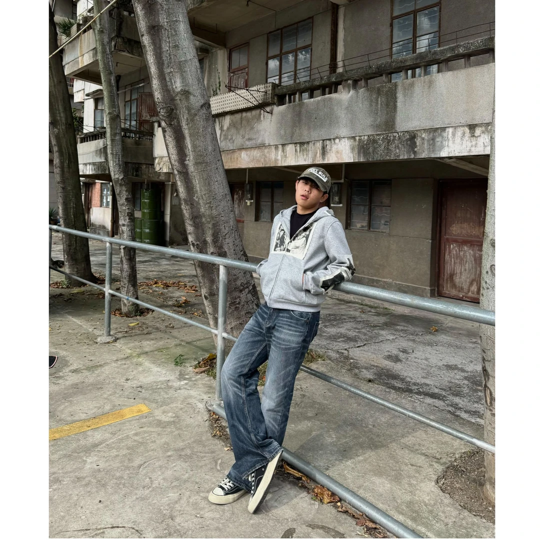 FEZ 【蓝爪灰】2021M微喇水洗猫须手擦百搭复古秋冬男女同款牛仔裤