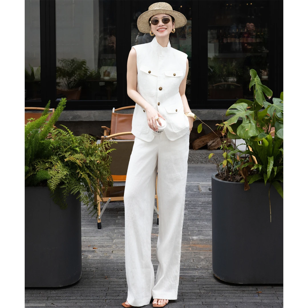 ZEROYK老钱风时尚套装2025年夏季松弛感白色亚麻马甲阔腿裤两件套