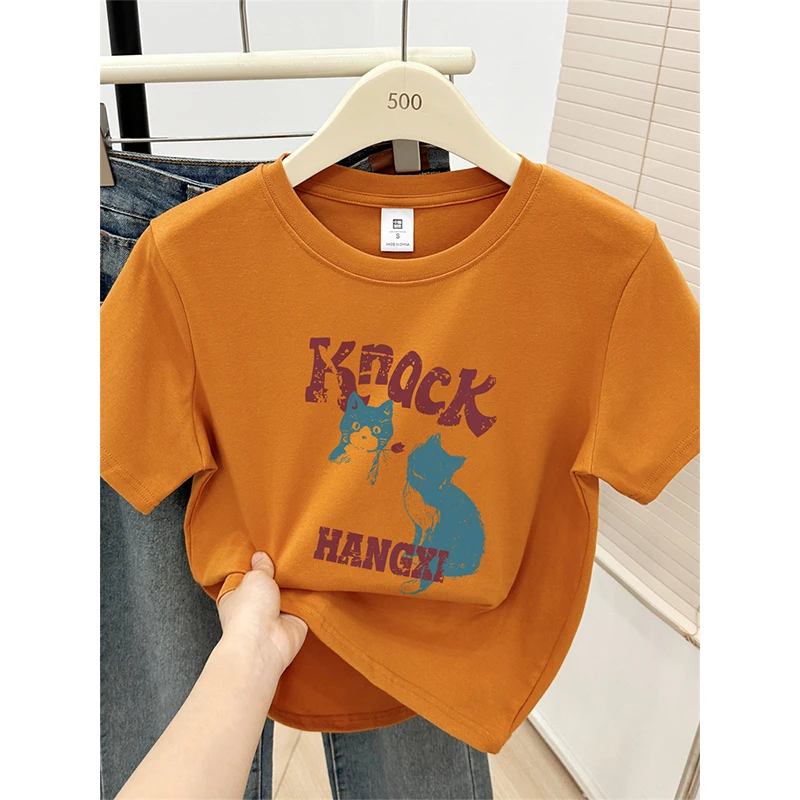 正肩短袖t恤女夏季新款圆领猫咪印花时尚大码女装半袖体恤上衣服