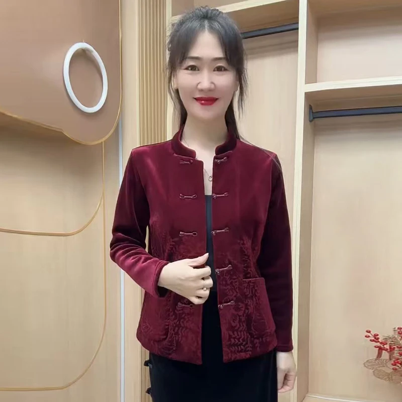 中老年加绒开衫女秋冬保暖上衣唐装外套妈妈装复古盘扣打底旗袍衫