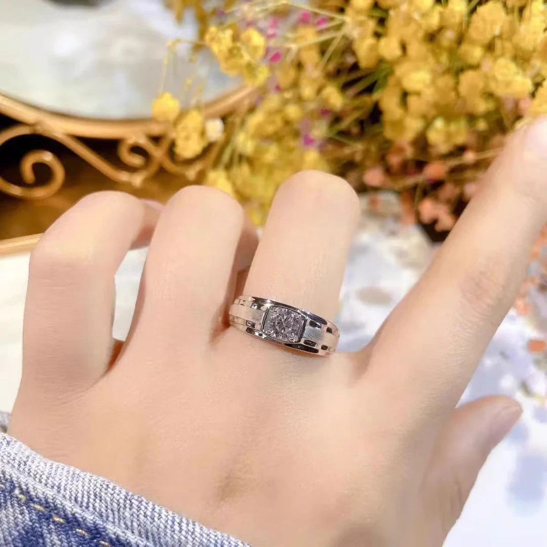 925银莫桑石银制品 【水波纹男戒】D色莫桑石情侣对戒婚戒