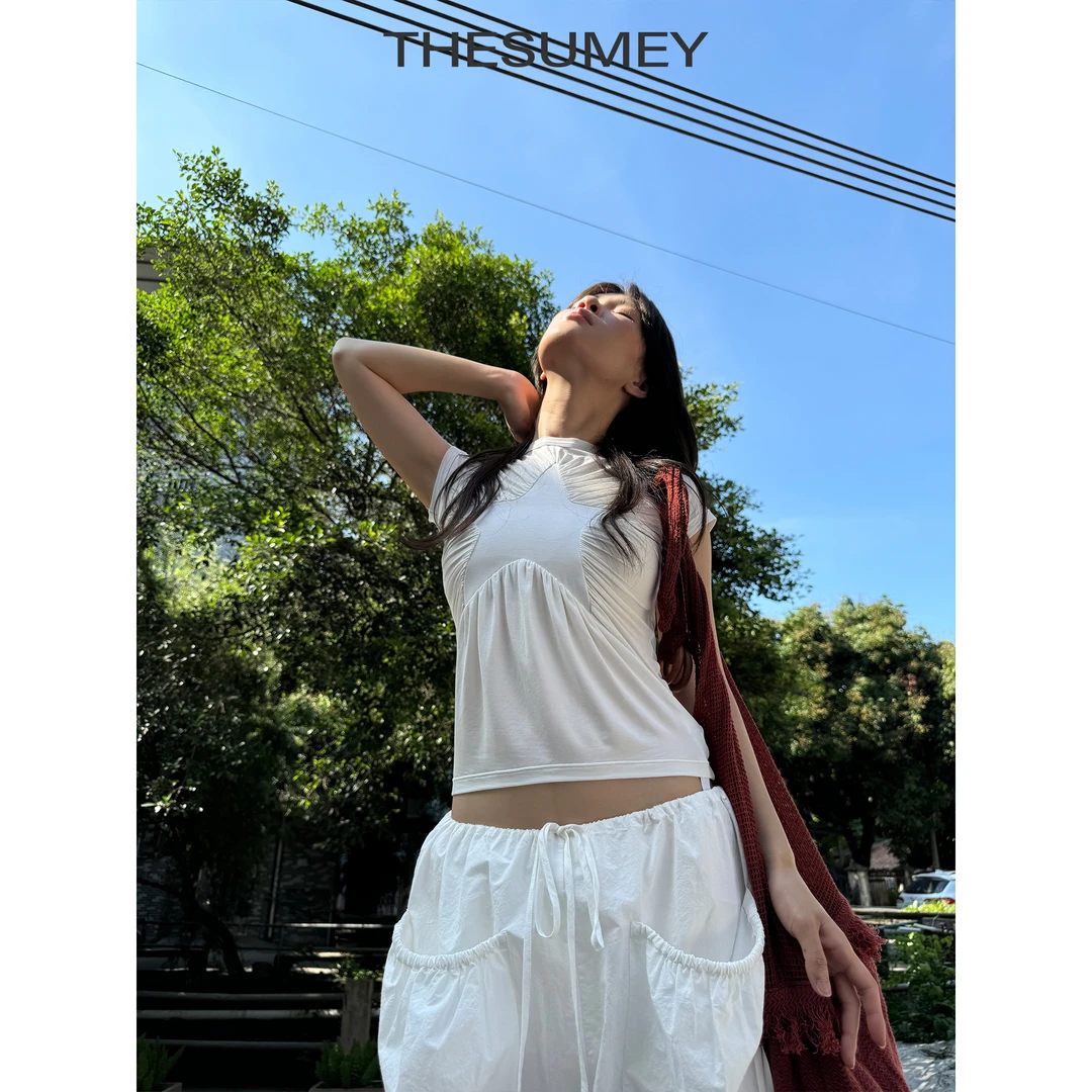 THESUMEY设计感星星收皱短袖t恤女夏季新款显瘦修身短款百搭上衣