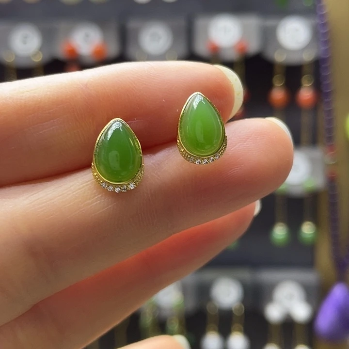 和田玉银S925镀金镶嵌耳饰