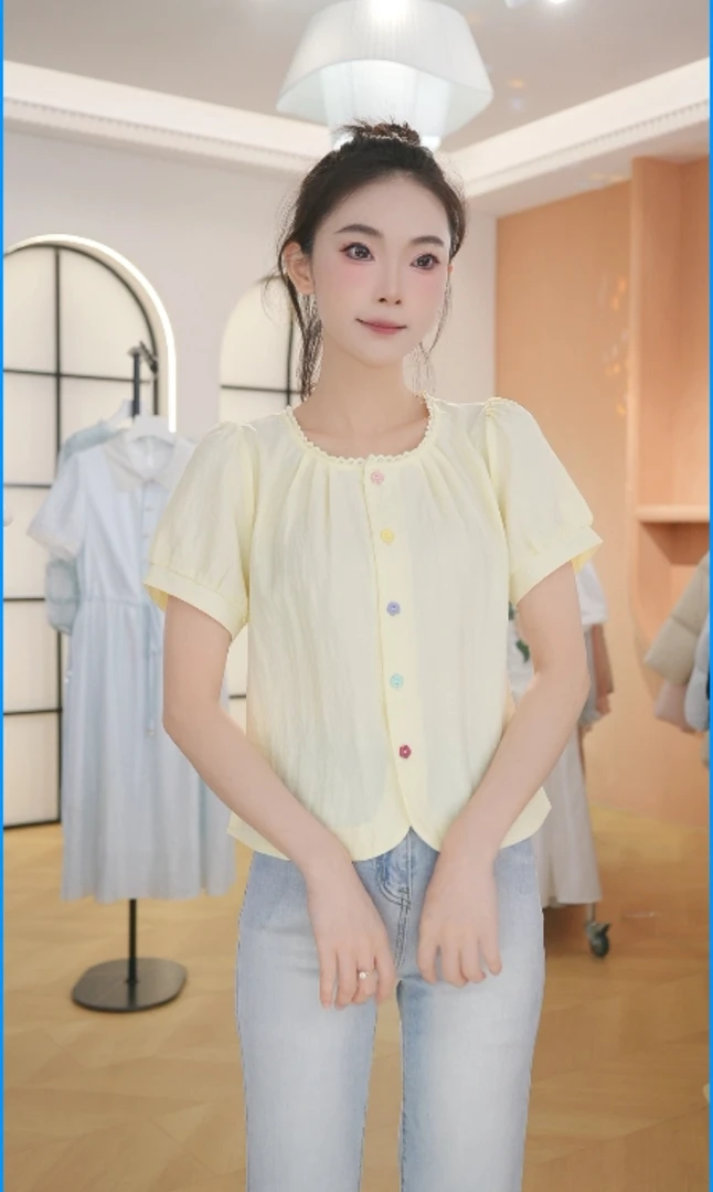 F2972夏季新款时尚洋气显瘦彩色扣子衬衣泡泡袖上衣女遮肚子小衫