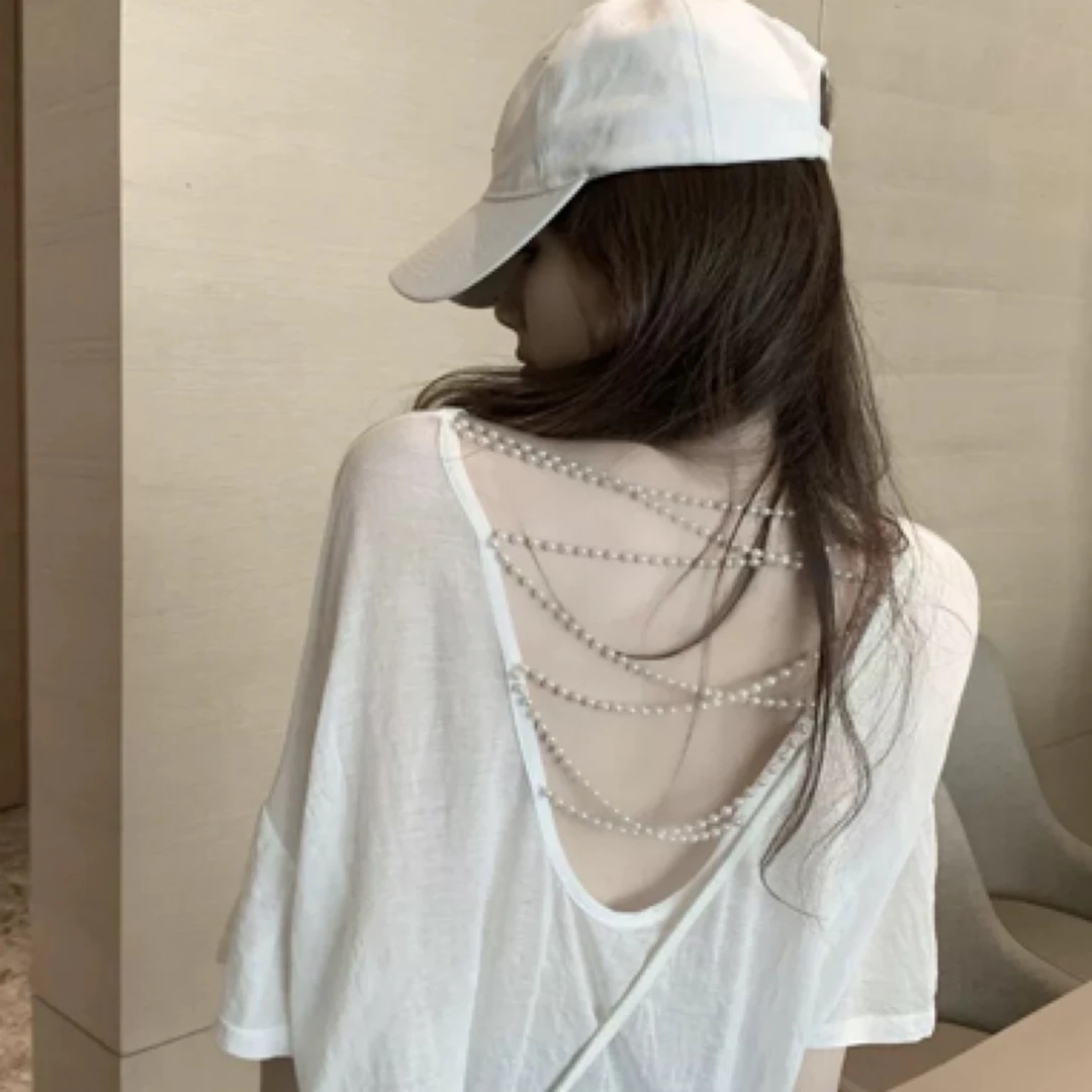 性感小心机镂空美背上衣慵懒风宽松体恤设计感薄款露背防晒T恤女