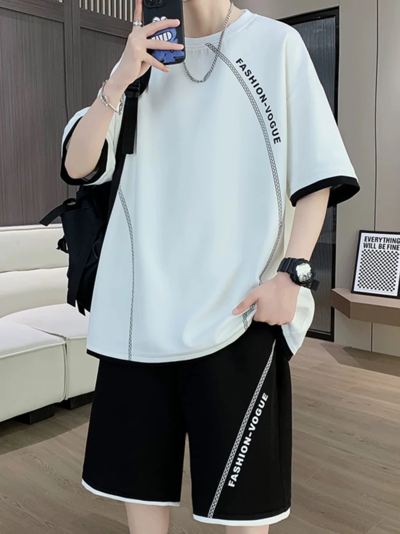 2025夏季新款休闲运动套装短袖t恤男士薄款青少年宽松时尚两件套