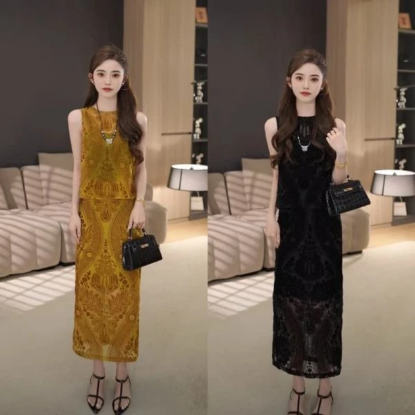 【现货】高级感轻奢2025夏季穿搭新款无袖后背开叉提花裙子套装