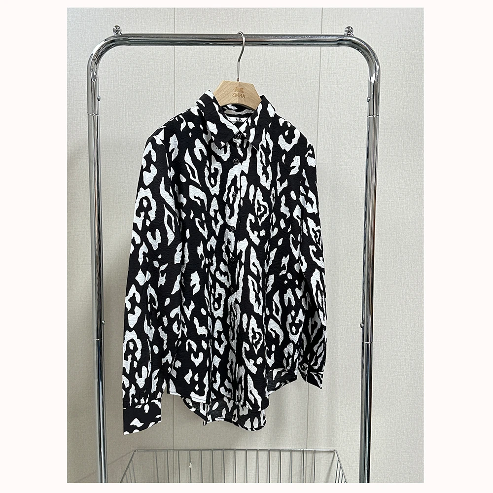 ML11543 春夏新款宽松翻领长袖女士休闲花色衬衫