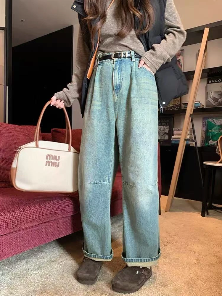 【现货秒发-NAZ微胖大码定制】复古做旧侧边拼接牛仔高腰牛仔裤