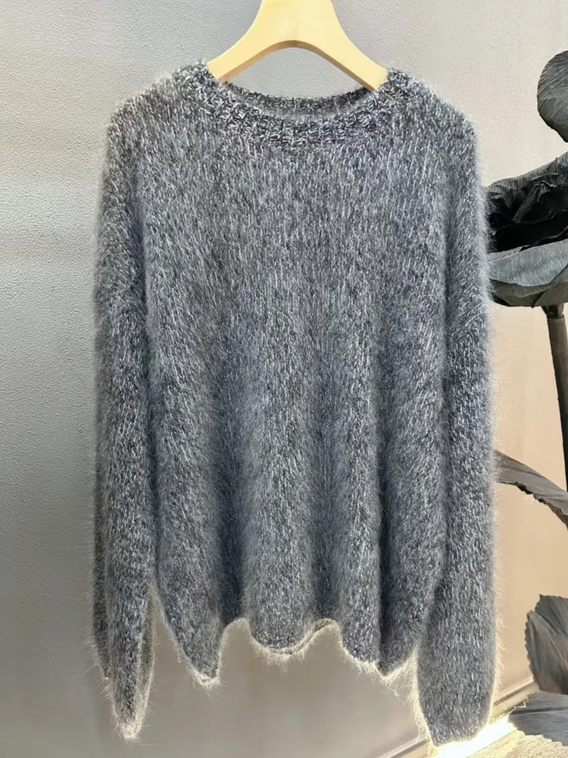 山羊绒长袖重磅拉毛套头衫女花纱针织拉毛毛衣