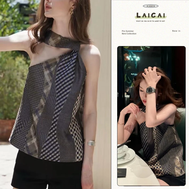 贵气miu感挂脖上衣百搭独特设计辣妹吊带衫搭配高腰短裤两件套